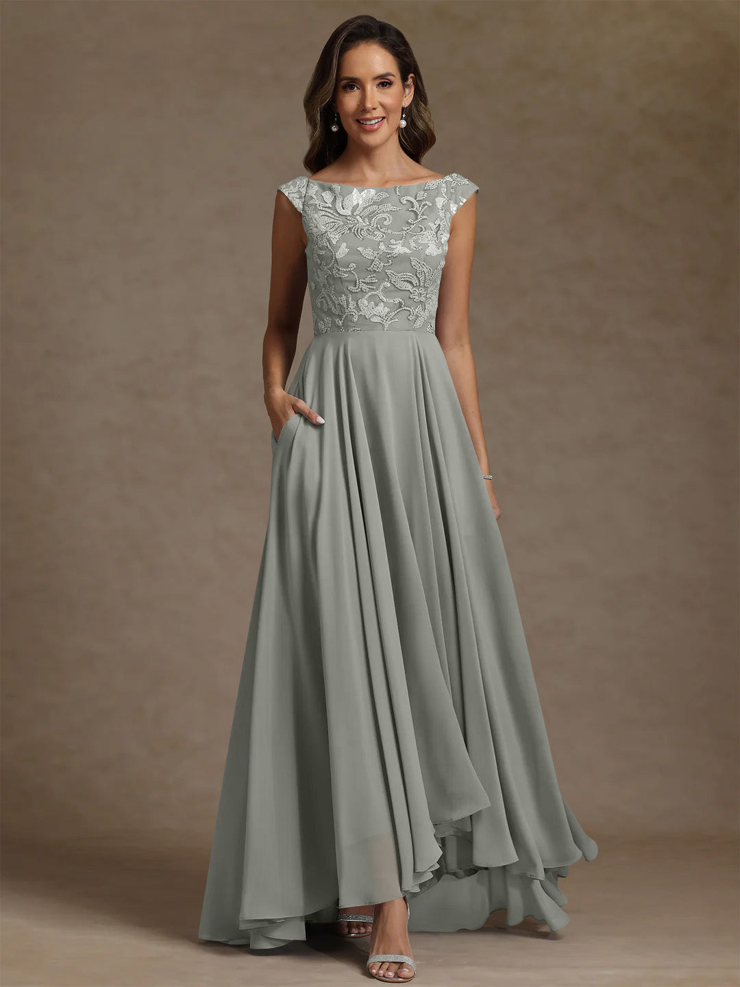 A Line Princess Scoop Chiffon Mother Of The Bride Dresses Lace Sequins Floor Length Sleeveless Pleated