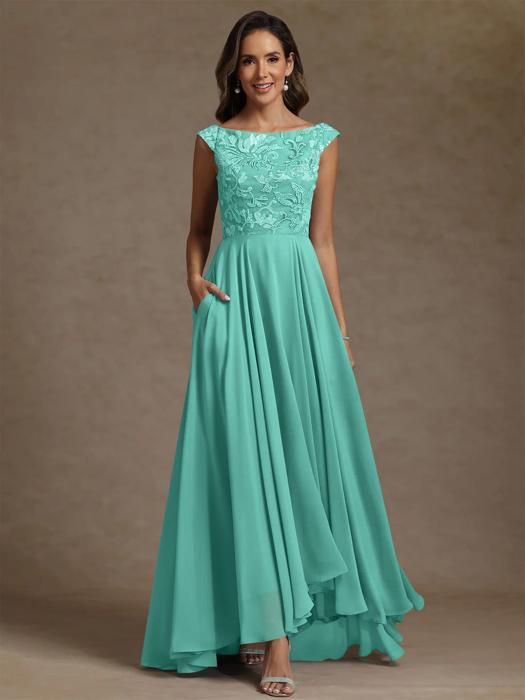 A Line Princess Scoop Chiffon Mother Of The Bride Dresses Lace Sequins Floor Length Sleeveless Pleated