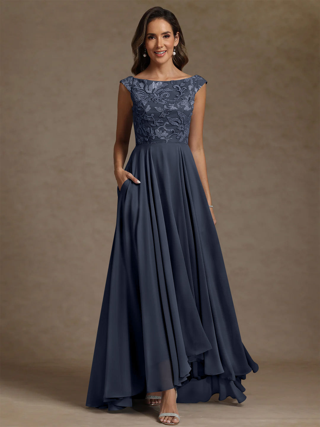A Line Princess Scoop Chiffon Mother Of The Bride Dresses Lace Sequins Floor Length Sleeveless Pleated