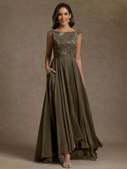 A-Line/Princess Scoop Chiffon Mother of the Bride Dresses Lace Sequins Floor-Length Sleeveless Pleated
