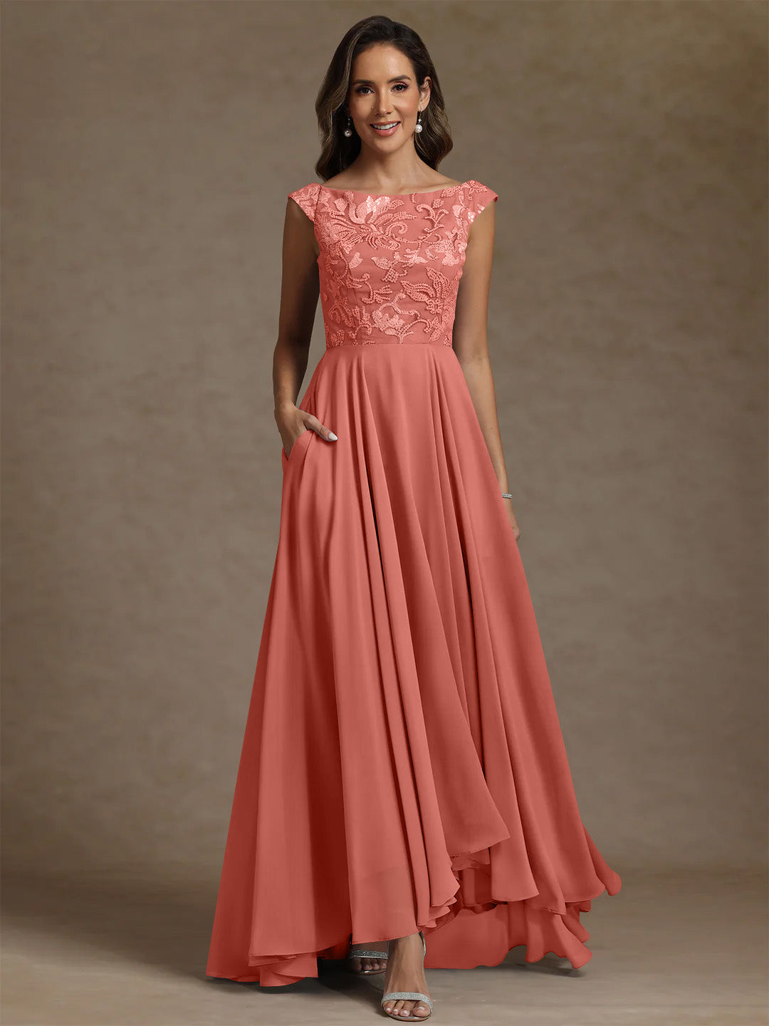 A Line Princess Scoop Chiffon Mother Of The Bride Dresses Lace Sequins Floor Length Sleeveless Pleated