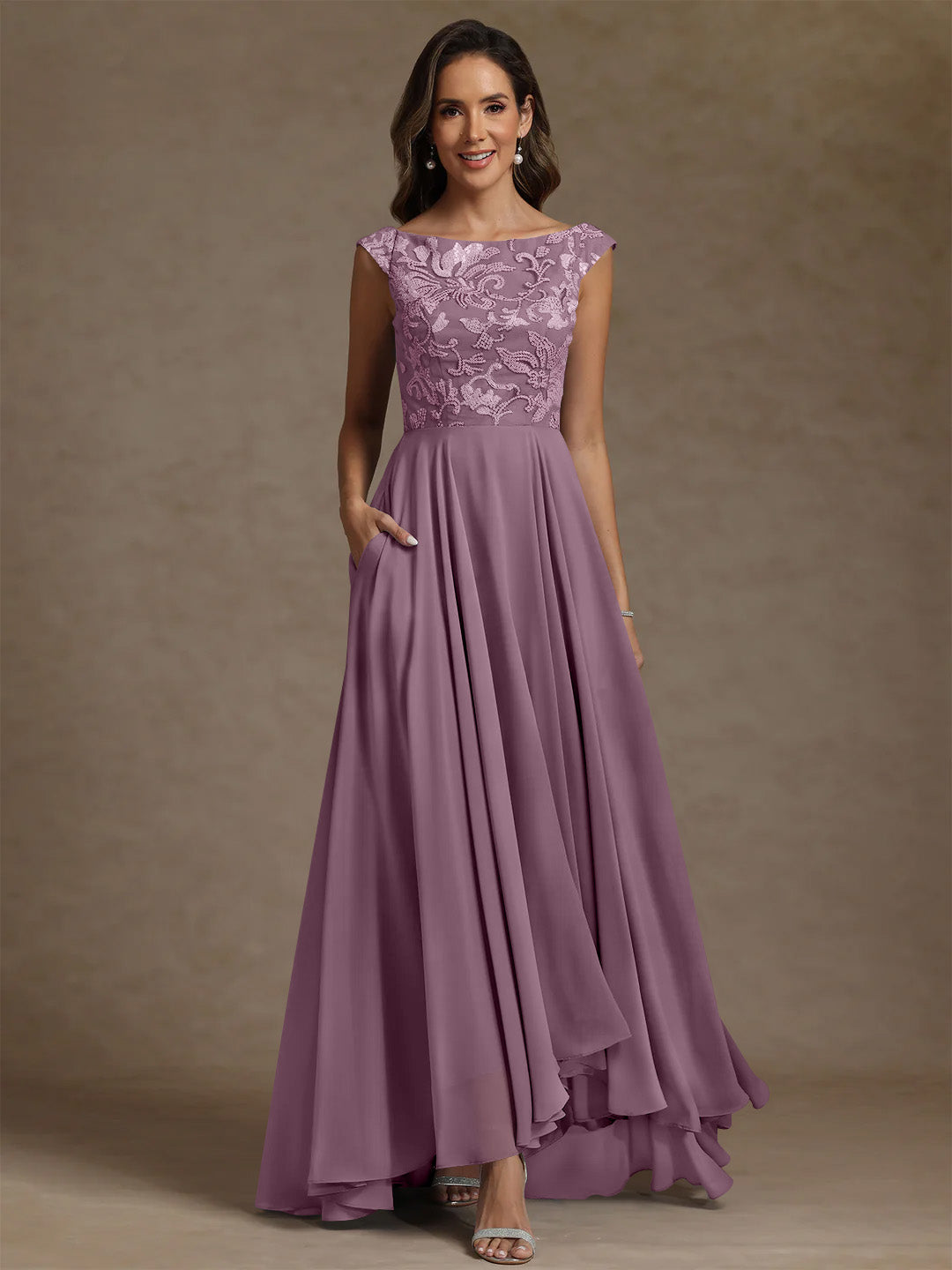 A Line Princess Scoop Chiffon Mother Of The Bride Dresses Lace Sequins Floor Length Sleeveless Pleated