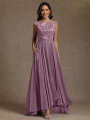 A Line Princess Scoop Chiffon Mother Of The Bride Dresses Lace Sequins Floor Length Sleeveless Pleated