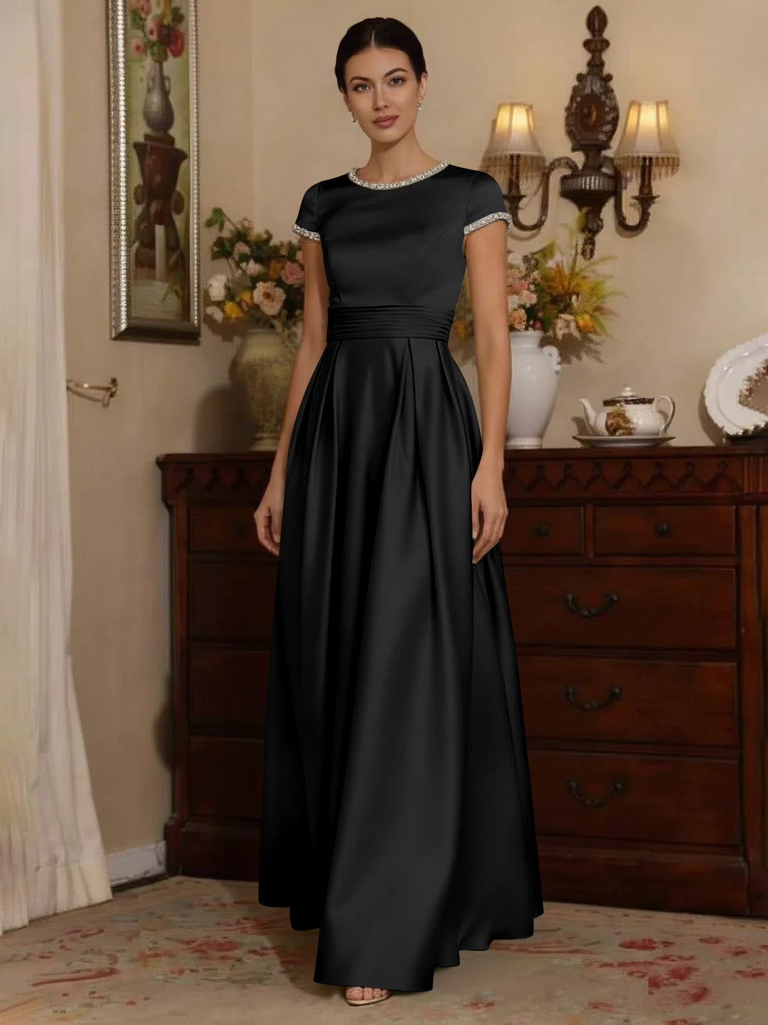 A Line Princess Silk Satin Jewel Neck Mother Ofthe Bride Dresses Floor Length Short Sleeves Rhinestone