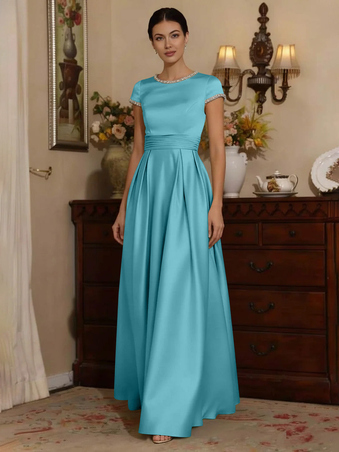 A Line Princess Silk Satin Jewel Neck Mother Ofthe Bride Dresses Floor Length Short Sleeves Rhinestone