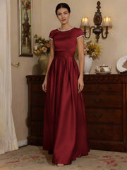 A Line Princess Silk Satin Jewel Neck Mother Ofthe Bride Dresses Floor Length Short Sleeves Rhinestone