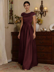 A Line Princess Silk Satin Jewel Neck Mother Ofthe Bride Dresses Floor Length Short Sleeves Rhinestone