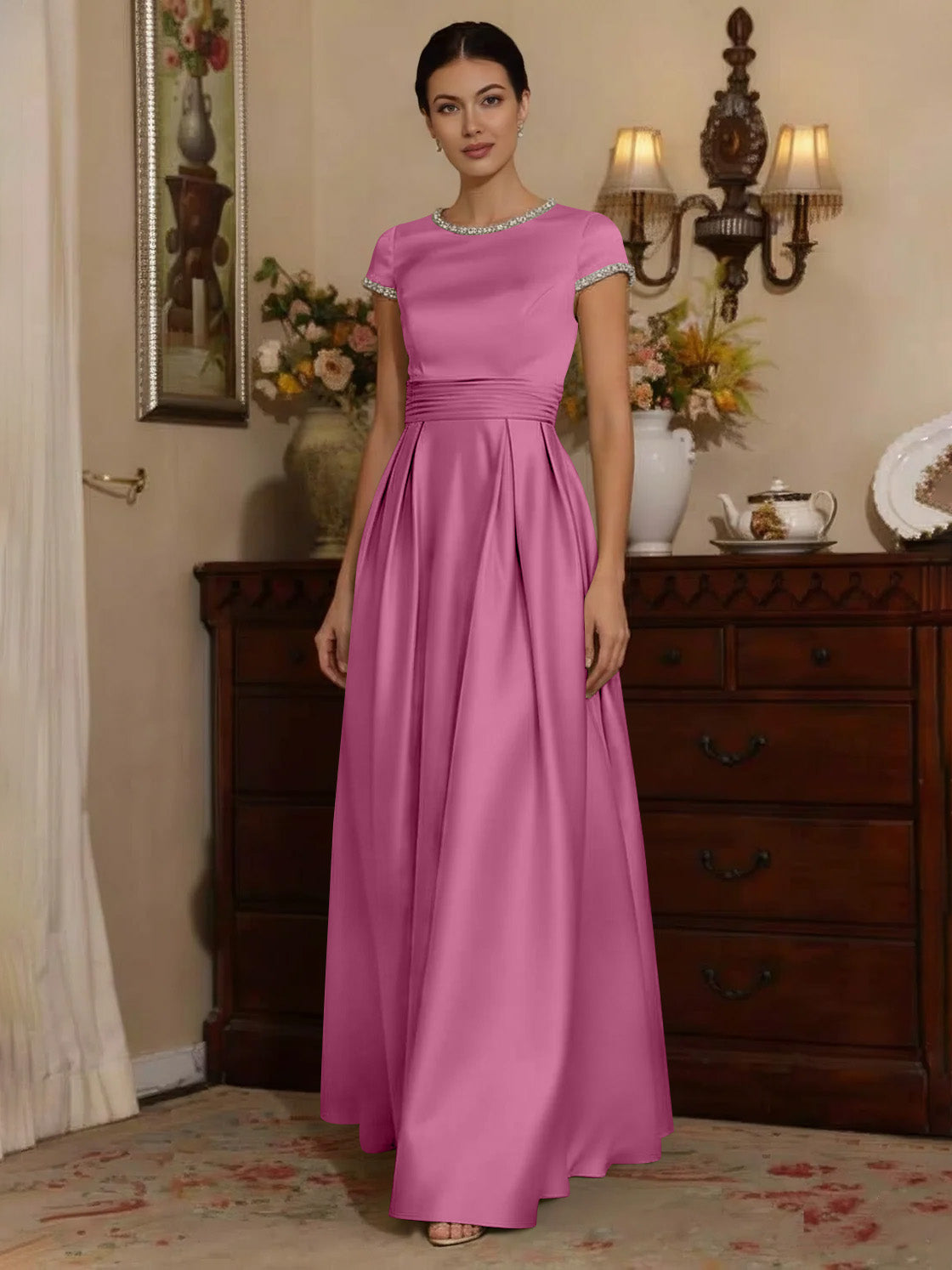A Line Princess Silk Satin Jewel Neck Mother Ofthe Bride Dresses Floor Length Short Sleeves Rhinestone