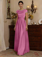 A Line Princess Silk Satin Jewel Neck Mother Ofthe Bride Dresses Floor Length Short Sleeves Rhinestone