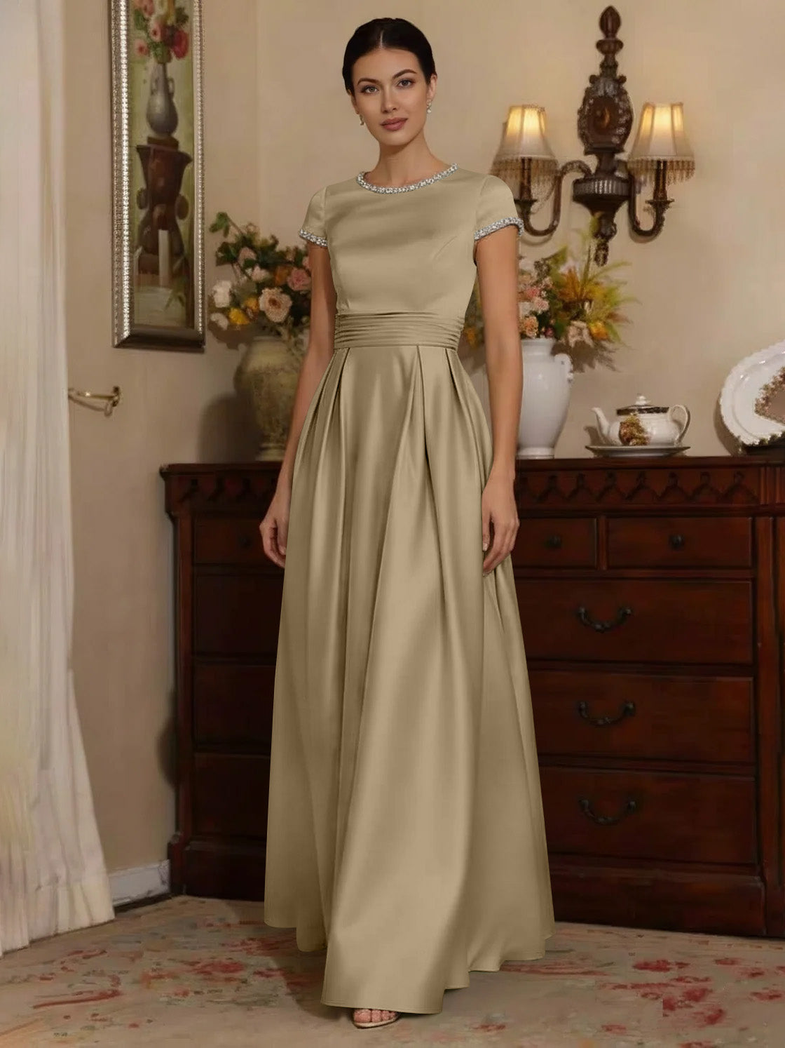 A Line Princess Silk Satin Jewel Neck Mother Ofthe Bride Dresses Floor Length Short Sleeves Rhinestone