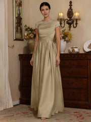 A Line Princess Silk Satin Jewel Neck Mother Ofthe Bride Dresses Floor Length Short Sleeves Rhinestone