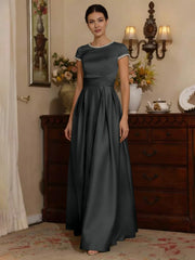 A Line Princess Silk Satin Jewel Neck Mother Ofthe Bride Dresses Floor Length Short Sleeves Rhinestone