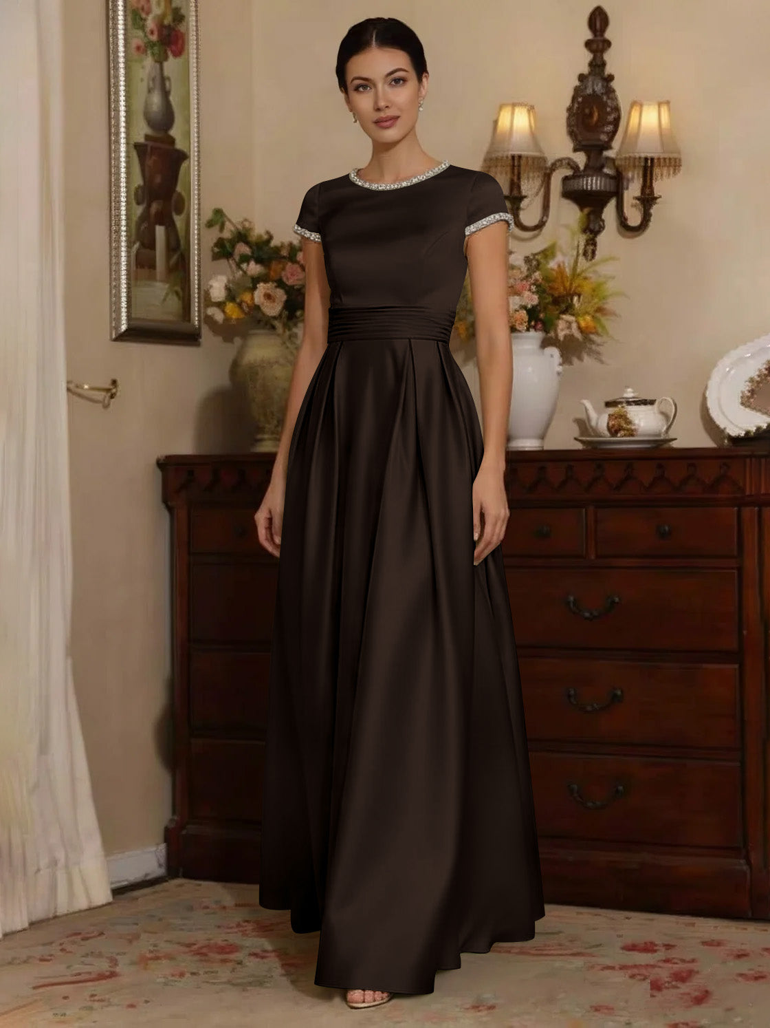 A Line Princess Silk Satin Jewel Neck Mother Ofthe Bride Dresses Floor Length Short Sleeves Rhinestone