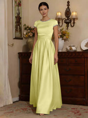 A Line Princess Silk Satin Jewel Neck Mother Ofthe Bride Dresses Floor Length Short Sleeves Rhinestone