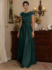 A Line Princess Silk Satin Jewel Neck Mother Ofthe Bride Dresses Floor Length Short Sleeves Rhinestone