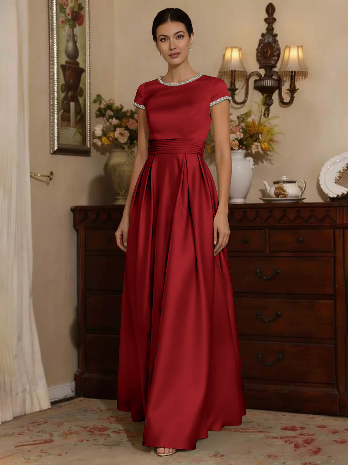 A Line Princess Silk Satin Jewel Neck Mother Ofthe Bride Dresses Floor Length Short Sleeves Rhinestone