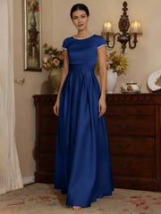 A Line Princess Silk Satin Jewel Neck Mother Ofthe Bride Dresses Floor Length Short Sleeves Rhinestone