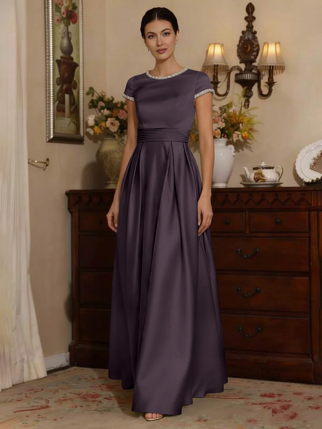A Line Princess Silk Satin Jewel Neck Mother Ofthe Bride Dresses Floor Length Short Sleeves Rhinestone