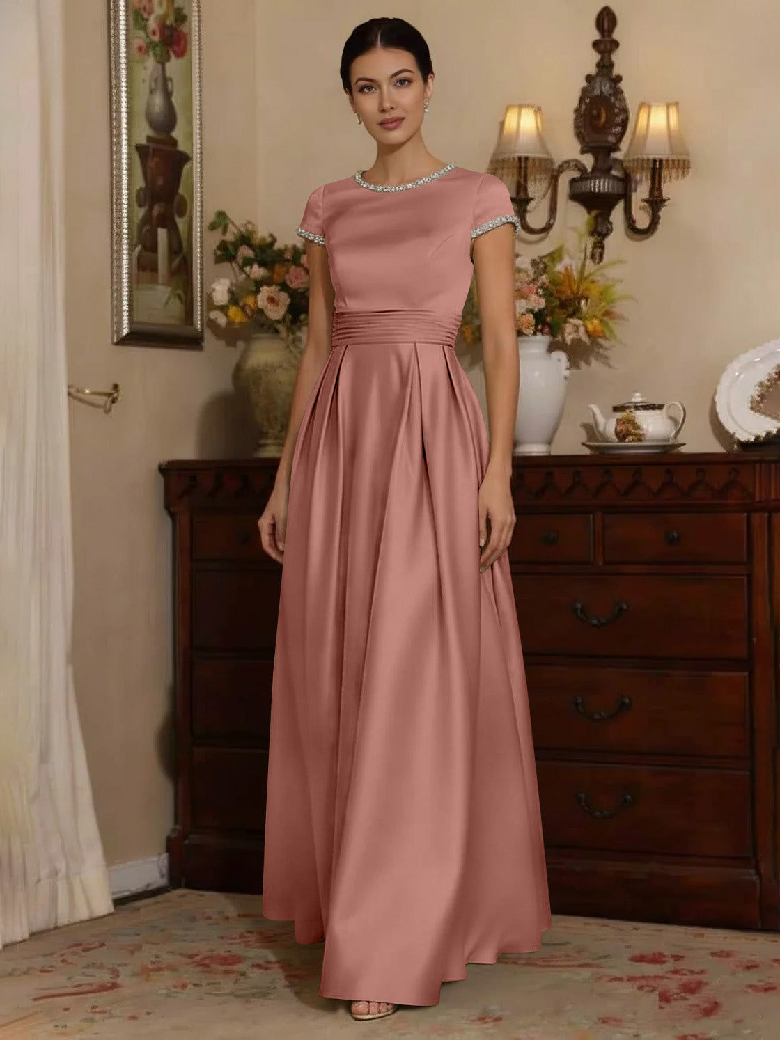 A Line Princess Silk Satin Jewel Neck Mother Ofthe Bride Dresses Floor Length Short Sleeves Rhinestone