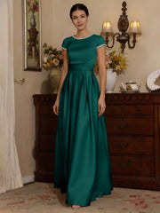 A Line Princess Silk Satin Jewel Neck Mother Ofthe Bride Dresses Floor Length Short Sleeves Rhinestone