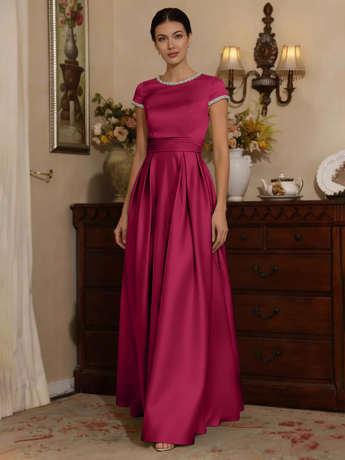 A Line Princess Silk Satin Jewel Neck Mother Ofthe Bride Dresses Floor Length Short Sleeves Rhinestone