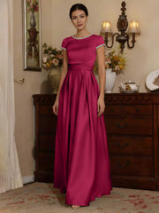 A Line Princess Silk Satin Jewel Neck Mother Ofthe Bride Dresses Floor Length Short Sleeves Rhinestone