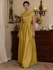 A-Line/Princess Silk Satin Jewel Neck Mother ofthe Bride Dresses Floor Length Short Sleeves Rhinestone