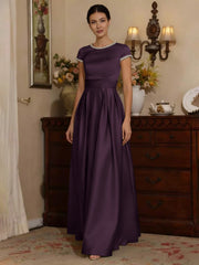 A Line Princess Silk Satin Jewel Neck Mother Ofthe Bride Dresses Floor Length Short Sleeves Rhinestone