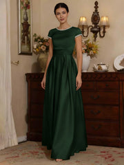 A Line Princess Silk Satin Jewel Neck Mother Ofthe Bride Dresses Floor Length Short Sleeves Rhinestone