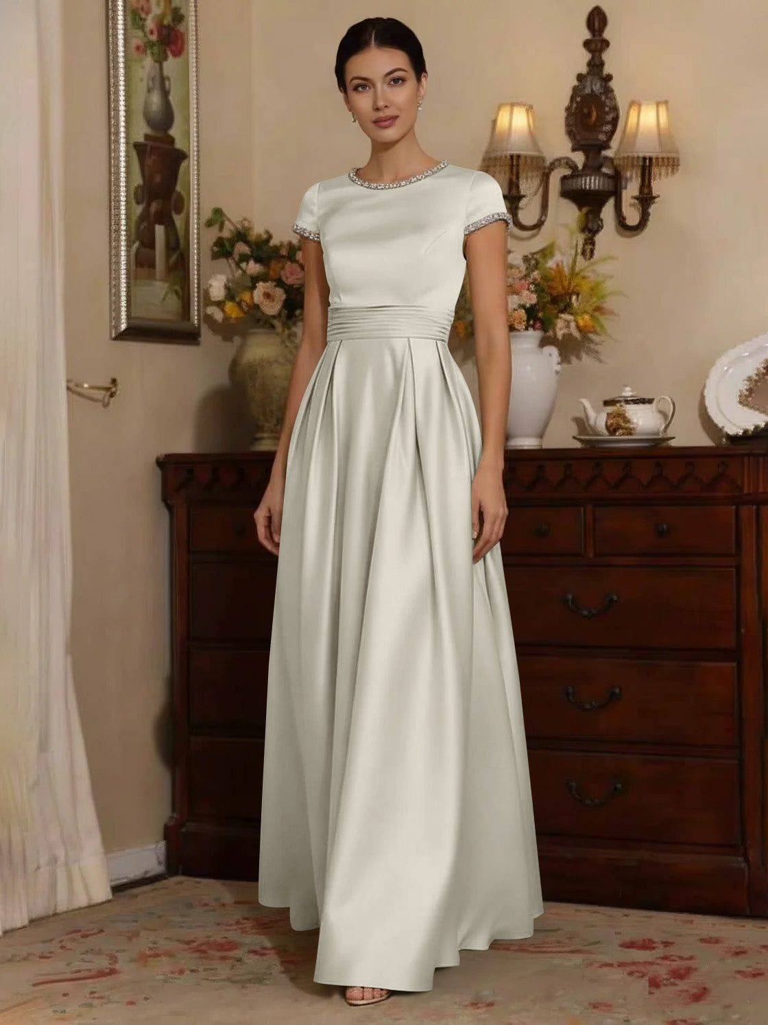 A Line Princess Silk Satin Jewel Neck Mother Ofthe Bride Dresses Floor Length Short Sleeves Rhinestone