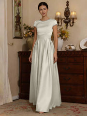 A Line Princess Silk Satin Jewel Neck Mother Ofthe Bride Dresses Floor Length Short Sleeves Rhinestone