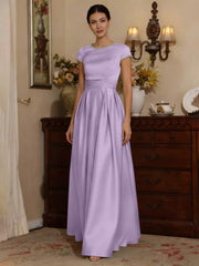 A Line Princess Silk Satin Jewel Neck Mother Ofthe Bride Dresses Floor Length Short Sleeves Rhinestone
