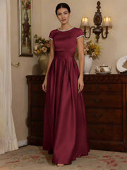 A Line Princess Silk Satin Jewel Neck Mother Ofthe Bride Dresses Floor Length Short Sleeves Rhinestone