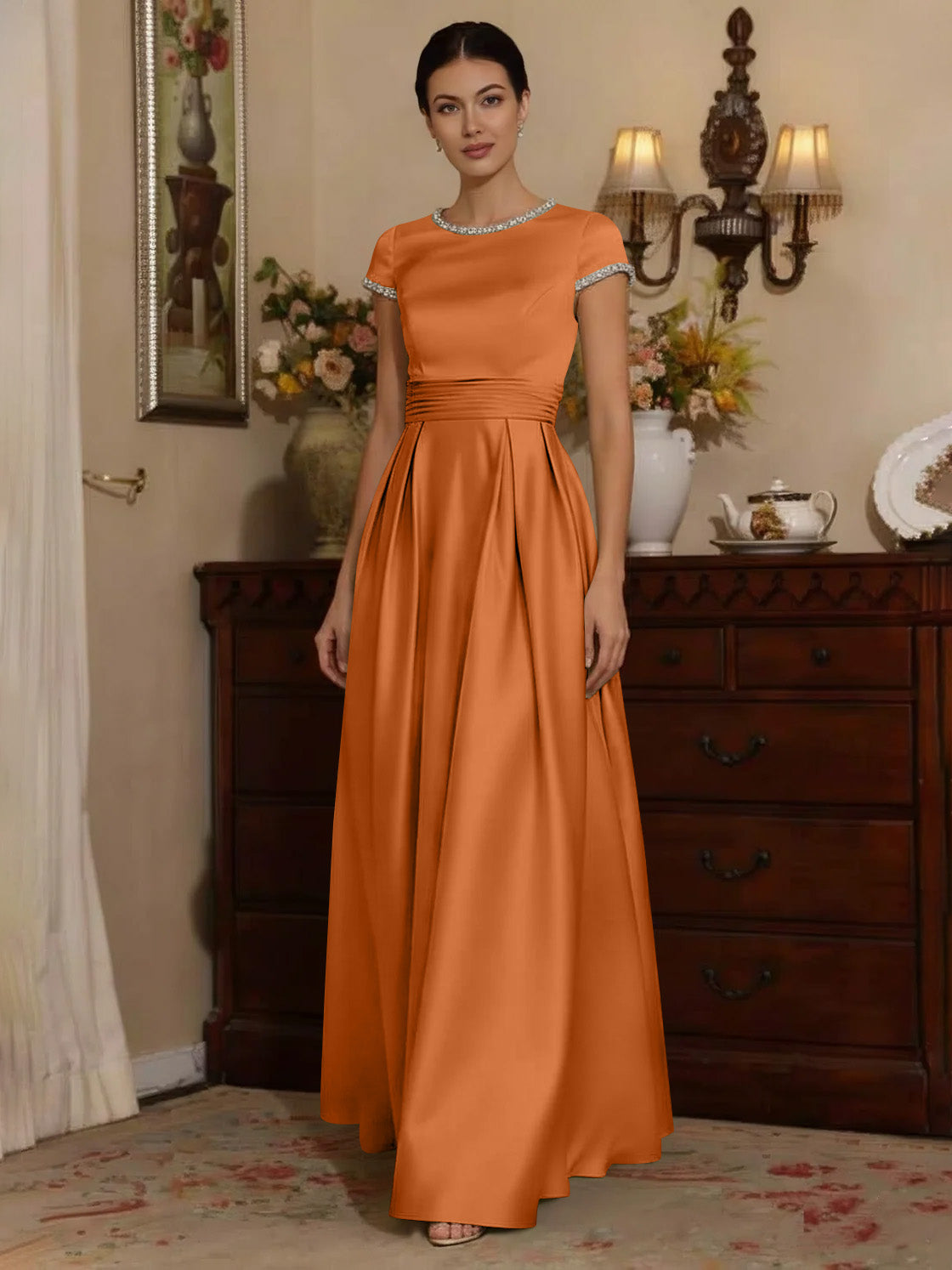 A Line Princess Silk Satin Jewel Neck Mother Ofthe Bride Dresses Floor Length Short Sleeves Rhinestone