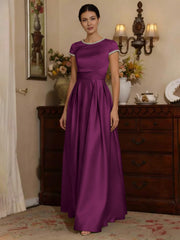 A-Line/Princess Silk Satin Jewel Neck Mother ofthe Bride Dresses Floor Length Short Sleeves Rhinestone