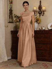 A Line Princess Silk Satin Jewel Neck Mother Ofthe Bride Dresses Floor Length Short Sleeves Rhinestone