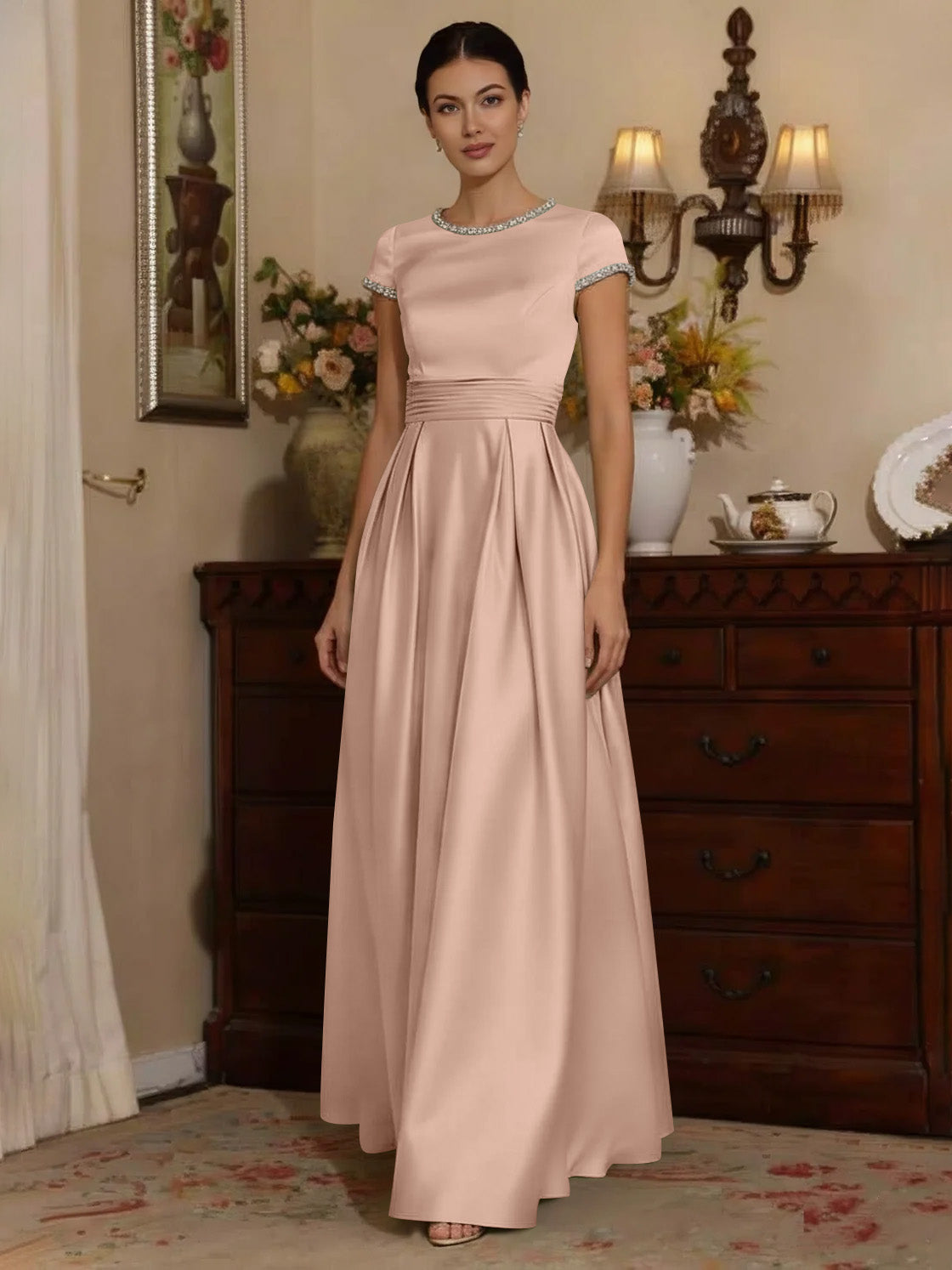 A Line Princess Silk Satin Jewel Neck Mother Ofthe Bride Dresses Floor Length Short Sleeves Rhinestone