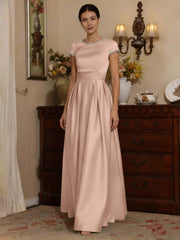 A Line Princess Silk Satin Jewel Neck Mother Ofthe Bride Dresses Floor Length Short Sleeves Rhinestone
