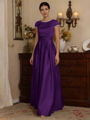 A Line Princess Silk Satin Jewel Neck Mother Ofthe Bride Dresses Floor Length Short Sleeves Rhinestone