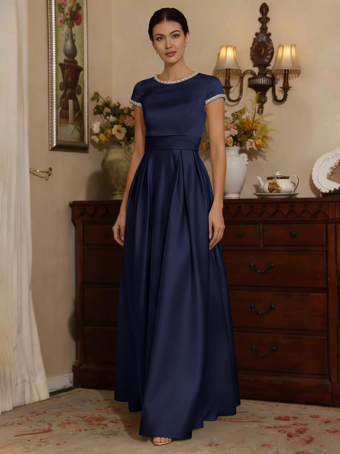 A Line Princess Silk Satin Jewel Neck Mother Ofthe Bride Dresses Floor Length Short Sleeves Rhinestone