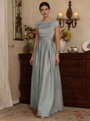 A Line Princess Silk Satin Jewel Neck Mother Ofthe Bride Dresses Floor Length Short Sleeves Rhinestone