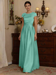 A Line Princess Silk Satin Jewel Neck Mother Ofthe Bride Dresses Floor Length Short Sleeves Rhinestone