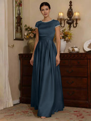 A Line Princess Silk Satin Jewel Neck Mother Ofthe Bride Dresses Floor Length Short Sleeves Rhinestone