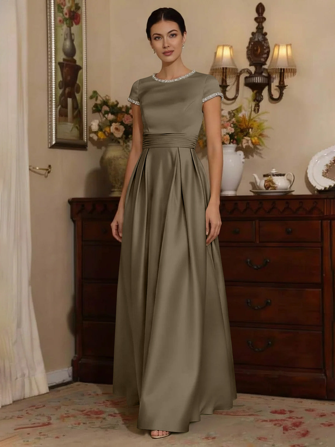 A Line Princess Silk Satin Jewel Neck Mother Ofthe Bride Dresses Floor Length Short Sleeves Rhinestone