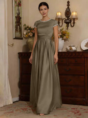 A Line Princess Silk Satin Jewel Neck Mother Ofthe Bride Dresses Floor Length Short Sleeves Rhinestone