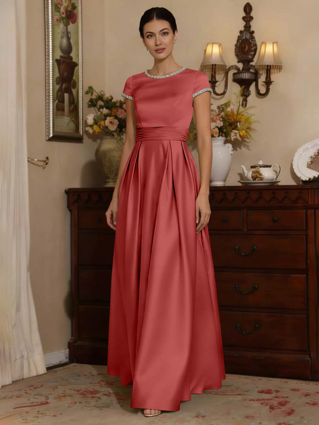A Line Princess Silk Satin Jewel Neck Mother Ofthe Bride Dresses Floor Length Short Sleeves Rhinestone