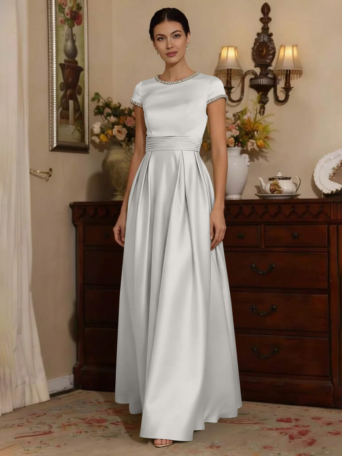 A Line Princess Silk Satin Jewel Neck Mother Ofthe Bride Dresses Floor Length Short Sleeves Rhinestone