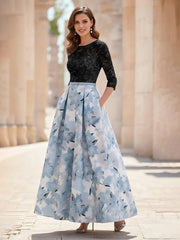 A Line Princess Scoop Satin Mother Of The Bride Dresses Lace Ankle Length Half Sleeves Printed Flower