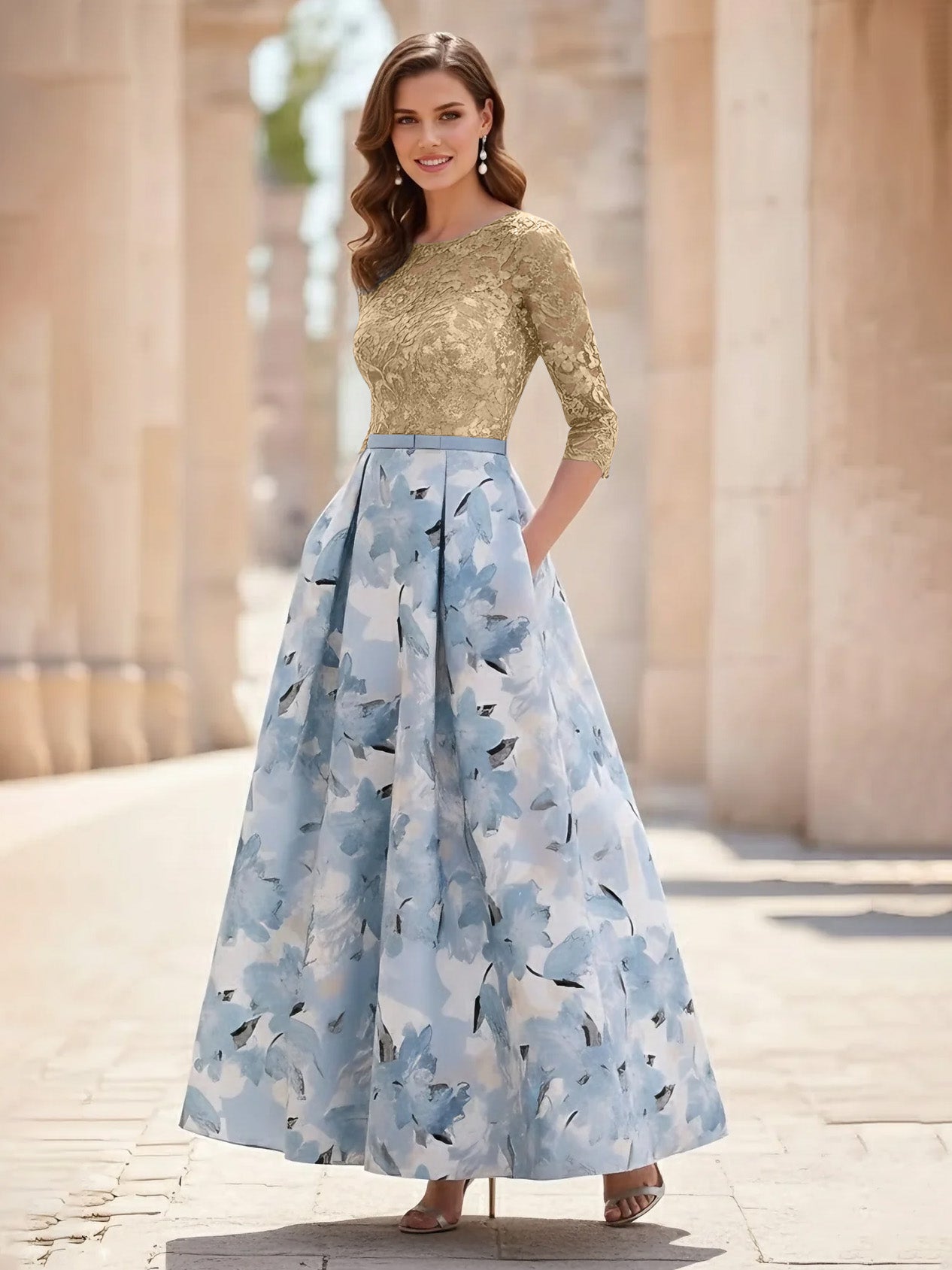 A Line Princess Scoop Satin Mother Of The Bride Dresses Lace Ankle Length Half Sleeves Printed Flower