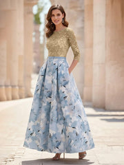 A Line Princess Scoop Satin Mother Of The Bride Dresses Lace Ankle Length Half Sleeves Printed Flower